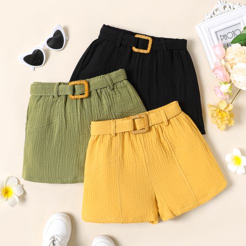 Kid Girl Solid Color Belted Elasticized Shorts