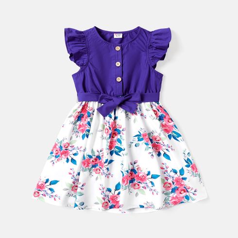 Kid Girl Floral Print Splice Flutter-sleeve Belted Dress