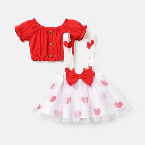 2pcs Baby Girl 100% Cotton Red Puff-sleeve Top and Bow Front Heart Print Mesh Suspender Skirt Set