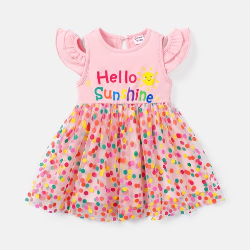 Baby Girl Cotton Flutter-sleeve Letter Graphic Colorful Polka Dots Mesh Dress