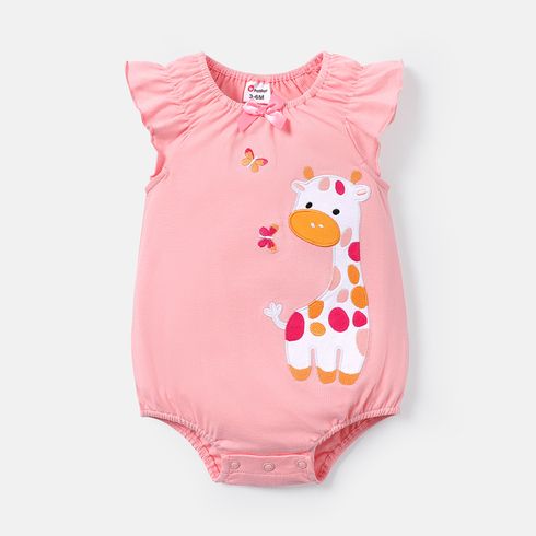 Baby Girl Cotton Giraffe Embroidered Flutter-sleeve Rompers
