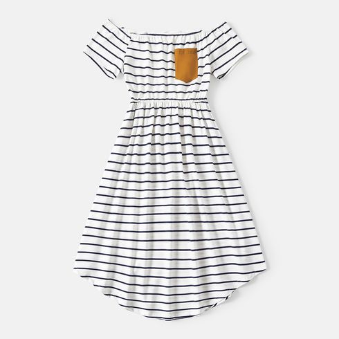 Family Matching 95% Cotton Striped Off Shoulder Belted Dresses and Short-sleeve Colorblock T-shirts Sets YellowBrown big image 14