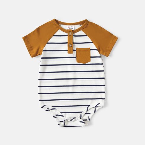 Family Matching 95% Cotton Striped Off Shoulder Belted Dresses and Short-sleeve Colorblock T-shirts Sets YellowBrown big image 2