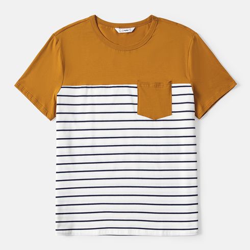 Family Matching 95% Cotton Striped Off Shoulder Belted Dresses and Short-sleeve Colorblock T-shirts Sets YellowBrown big image 18