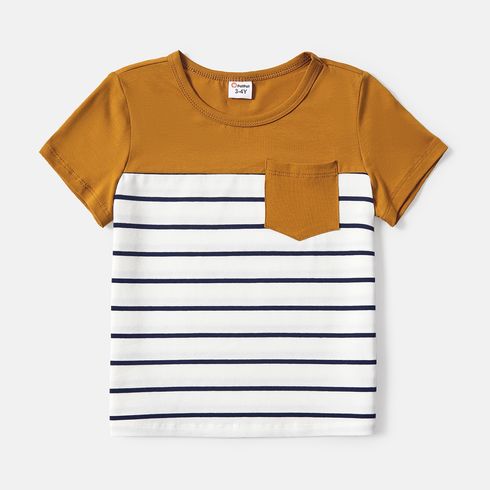 Family Matching 95% Cotton Striped Off Shoulder Belted Dresses and Short-sleeve Colorblock T-shirts Sets YellowBrown big image 6