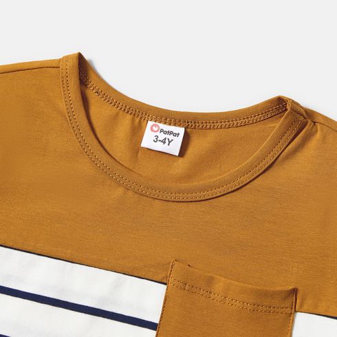 Family Matching 95% Cotton Striped Off Shoulder Belted Dresses and Short-sleeve Colorblock T-shirts Sets YellowBrown big image 8