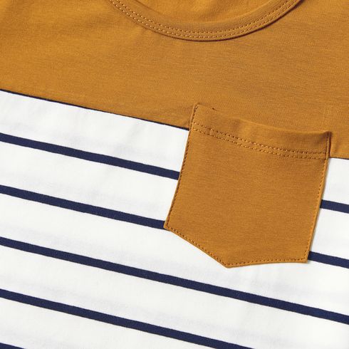 Family Matching 95% Cotton Striped Off Shoulder Belted Dresses and Short-sleeve Colorblock T-shirts Sets YellowBrown big image 9