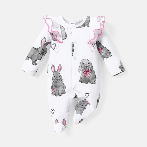 Baby Girl 100% Cotton Allover Rabbit Print Ruffle Trim Long-sleeve Footed Jumpsuit