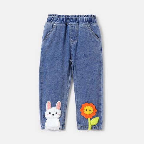 Toddler Girl Rabbit Floral Embroidered Elasticized Denim Jeans