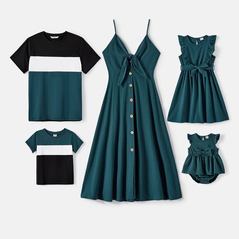 Family Matching Solid Knot Front Cami Dresses and Colorblock Short-sleeve Tee Sets Green* big image 1