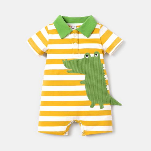 Baby Boy 95% Cotton Dinosaur Embroidered Stripe Polo Collar Short-sleeve Rompers