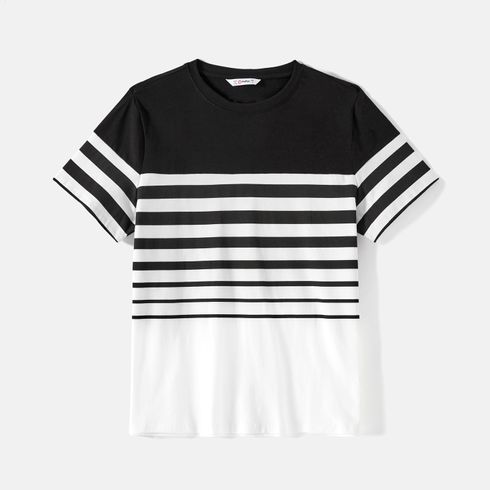 Family Matching Cotton Striped Short-sleeve T-shirts and Off Shoulder Belted Spliced Dresses Sets BlackandWhite big image 2