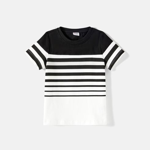 Family Matching Cotton Striped Short-sleeve T-shirts and Off Shoulder Belted Spliced Dresses Sets BlackandWhite big image 10