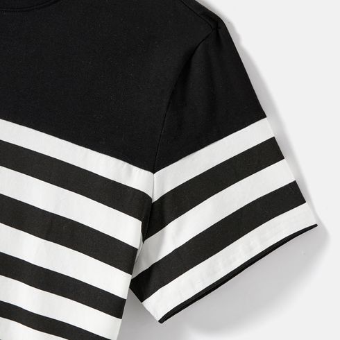 Family Matching Cotton Striped Short-sleeve T-shirts and Off Shoulder Belted Spliced Dresses Sets BlackandWhite big image 4