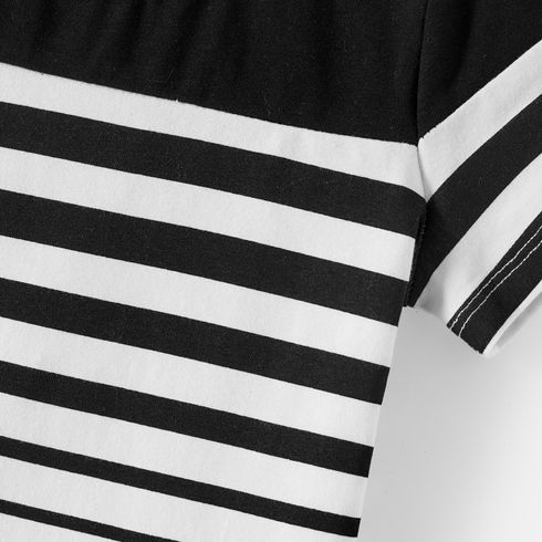 Family Matching Cotton Striped Short-sleeve T-shirts and Off Shoulder Belted Spliced Dresses Sets BlackandWhite big image 12