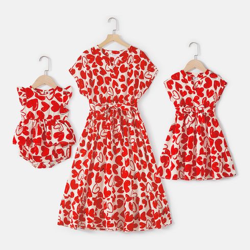 Valentine's Day Mommy and Me Allover Red Heart Print Notch Neck Short-sleeve Belted Dresses