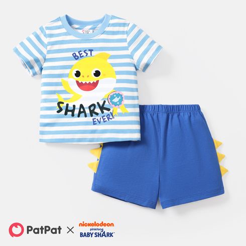Baby Shark Baby Boy 2pcs 100% Cotton Solid Shorts and Shark Print Striped Short-sleeve Tee Set