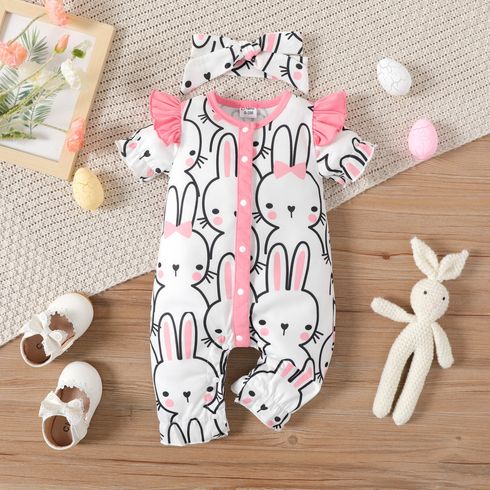 Easter 2pcs Baby Girl Allover Rabbit Print Ruffle Short-sleeve Jumpsuit & Headband Set