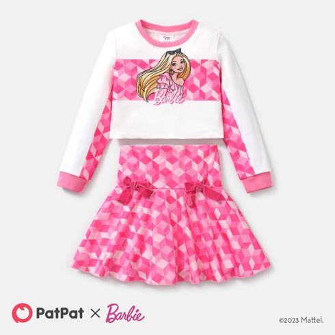 Barbie 2pcs Kid Girl Plaid Colorblock Long-sleeve Tee and Bowknot Design Skirt Set