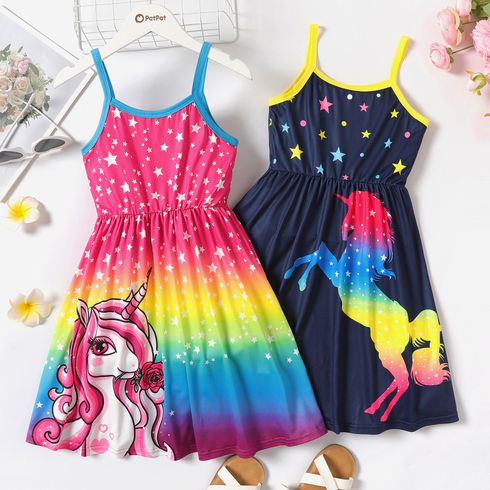Kid Girl Unicorn Star Print Colorblock Slip Dress