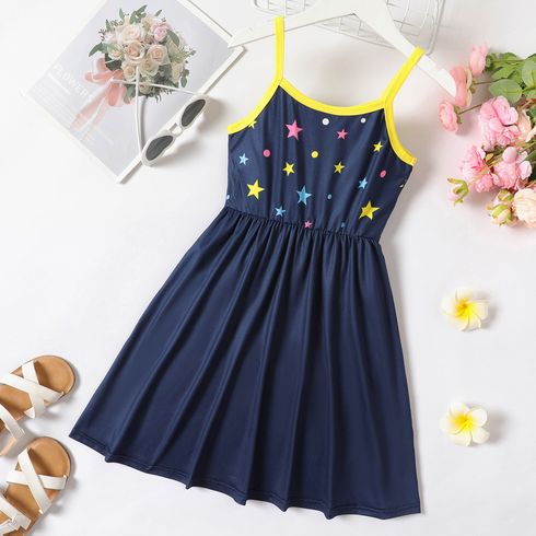 Kid Girl Unicorn Star Print Colorblock Slip Dress Dark Blue big image 2