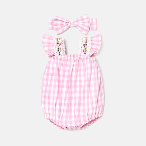 2pcs Baby Girl 100% Cotton Pink Gingham Lace Detail Flutter-sleeve Romper & Headband Set
