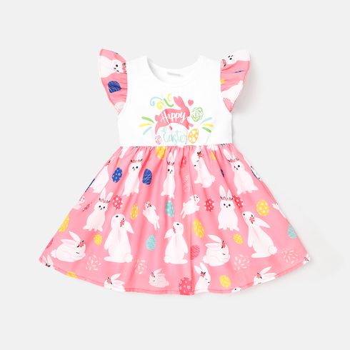 Easter Baby Girl Cotton Letter & Rabbit Print Spliced Flutter-sleeve Dress