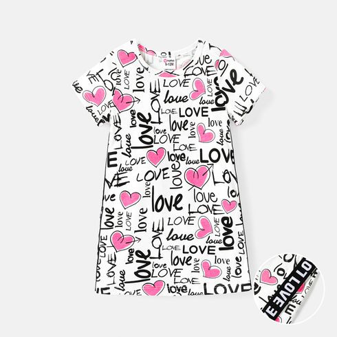 Baby Girl 100% Cotton Allover Heart & Letter Print Short-sleeve T-shirt Dress