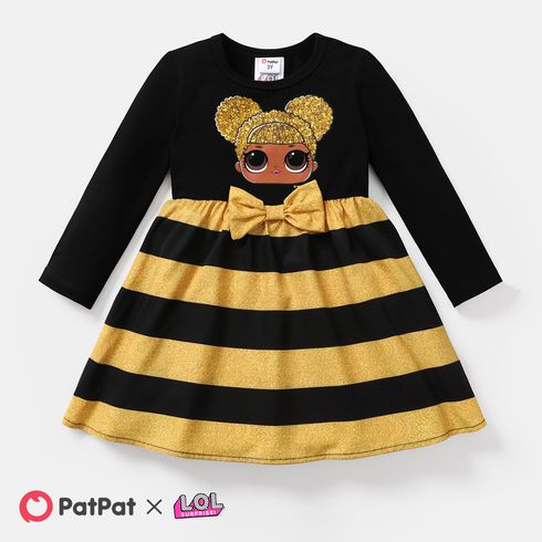 L.O.L. SURPRISE! Toddler Girl Cotton Leopard Print/Stripe Splice Long-sleeve Dress Black big image 1