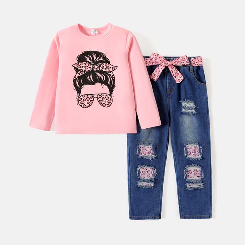 3pcs Kid Girl Figure Print Long-sleeve Tee and Belted Ripped Denim Jeans Set