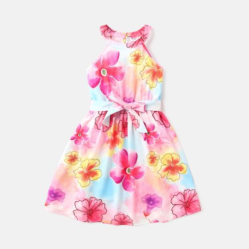 2pcs Kid Girl Floral Print Sleeveless Dress & Belt