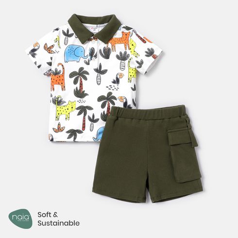 2pcs Toddler Boy Naia Animal Print Polo Collar Tee and Pocket Design Shorts Set