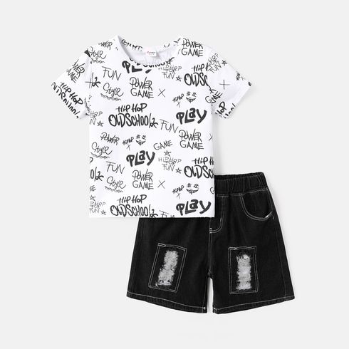 2pcs Kid Boy Cotton Letter Allover Print Short-sleeve Tee and Ripped Denim Shorts Set