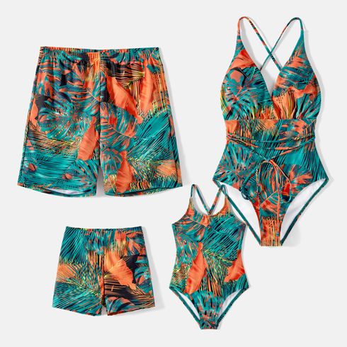 Family Matching Leaf Print One-piece Spaghetti Strap Swimsuit or Swim Trunks