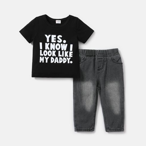 2 peças de camiseta de manga curta de algodão com estampa de letras e conjunto de jeans de ajuste reto para bebê menino