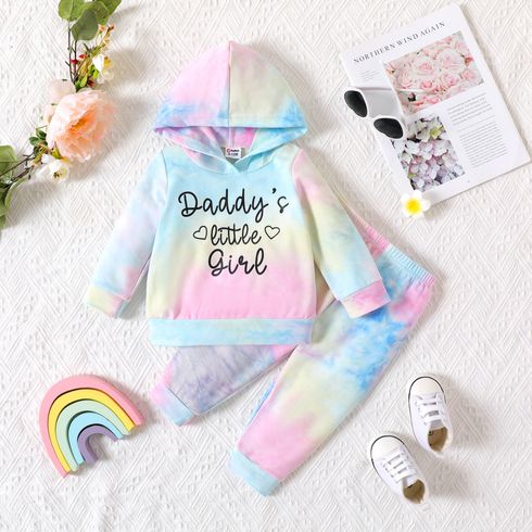 2pcs Baby Girl Letter Print Tie Dye Long-sleeve Hoodie and Sweatpants Set