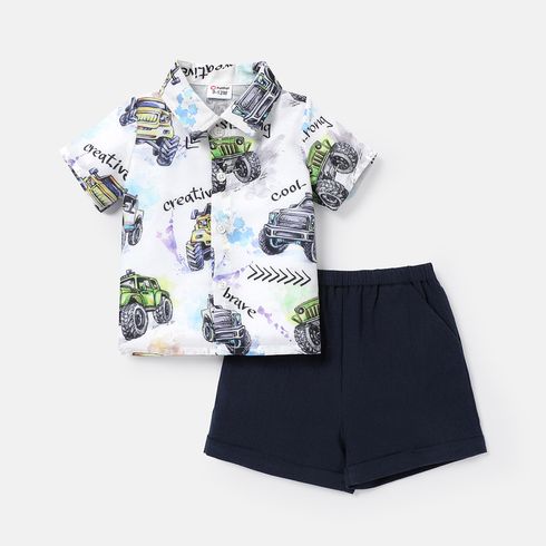 2pcs Baby Boy Vehicle Print Lapel Collar Shirt and Cotton Shorts Set