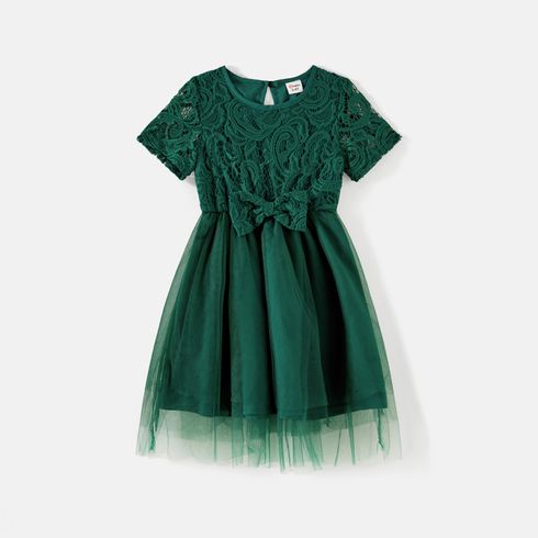 Family Matching Green Lace Spliced Dresses and Short-sleeve Colorblock Polo Shirts Sets Green big image 5