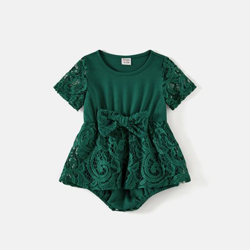 Family Matching Green Lace Spliced Dresses and Short-sleeve Colorblock Polo Shirts Sets Green big image 6