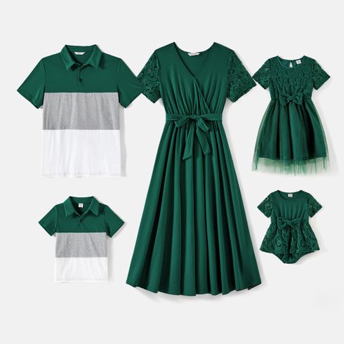 Family Matching Green Lace Spliced Dresses and Short-sleeve Colorblock Polo Shirts Sets