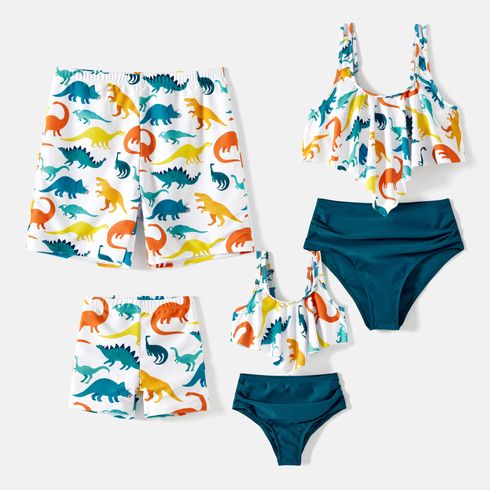 Family Matching Allover Dinosaur Print Swim Trunks and Ruffle Trim Two-piece Swimsuit