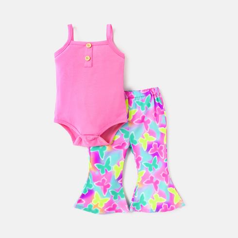 2pcs Baby Girl Cotton Button Design Camisole and Butterfly Print Flared Pants Set
