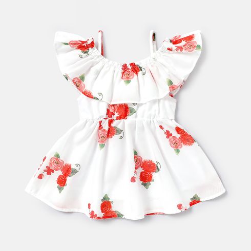 Baby Girl Allover Floral Print Cold Shoulder Ruffle Trim Dress