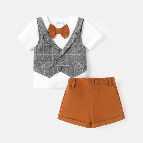 2pcs Baby Boy Cotton Faux-two Plaid Bow tie Vest Design Short-sleeve Tee and Shorts Set