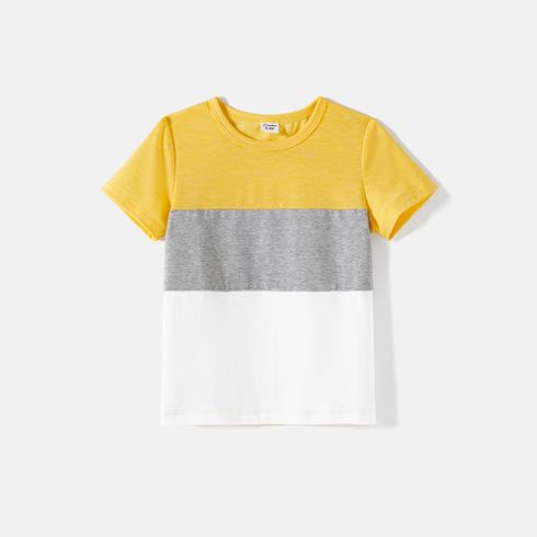 Family Matching Allover Floral Print Surplice Neck Short-sleeve Ruffled Dresses and Colorblock Tee Sets Yellow big image 6