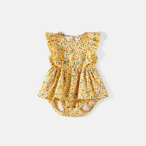 Family Matching Allover  Floral Print Surplice Neck Short-sleeve  Ruffled Dresses and Colorblock Tee Sets Yellow big image 2
