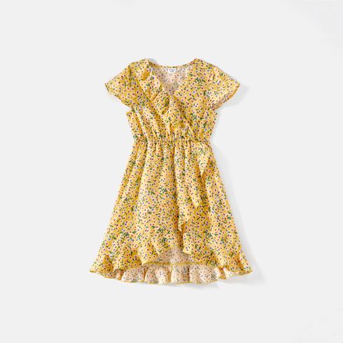 Family Matching Allover Floral Print Surplice Neck Short-sleeve Ruffled Dresses and Colorblock Tee Sets Yellow big image 10