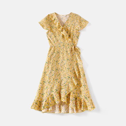 Family Matching Allover  Floral Print Surplice Neck Short-sleeve  Ruffled Dresses and Colorblock Tee Sets Yellow big image 14