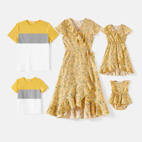 Family Matching Allover  Floral Print Surplice Neck Short-sleeve  Ruffled Dresses and Colorblock Tee Sets