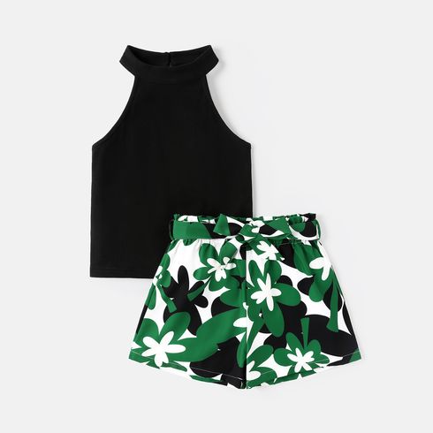 3pcs Kid Girl Mock Neck Sleeveless Tee and Floral Print Shorts & Belt Set